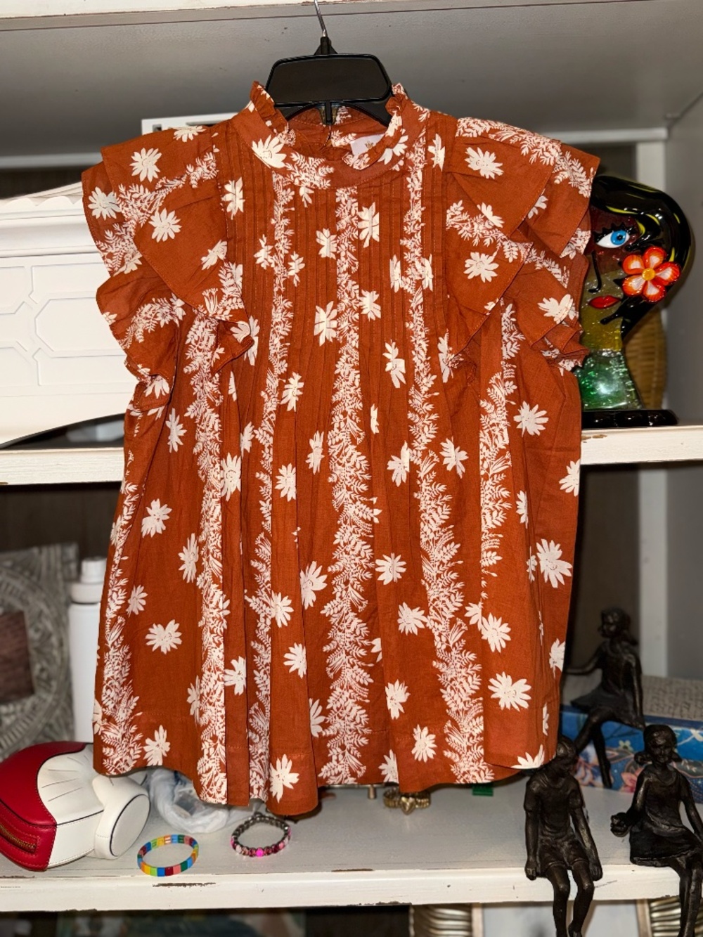 J. marie Xs Aubrey pleated top in burnt orange floral ruffled sleeves nwt - Picture 3 of 5
